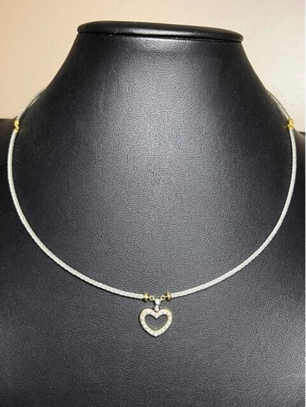 B6610 CHARRIOL Cable Choker Necklace 18K Gold Stainless Steel Diamond Heart 17"